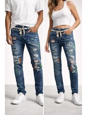 Rue21 Premium Skinny Jeans 34x30 NWT Distressed Paint Splatter Stretch Denim